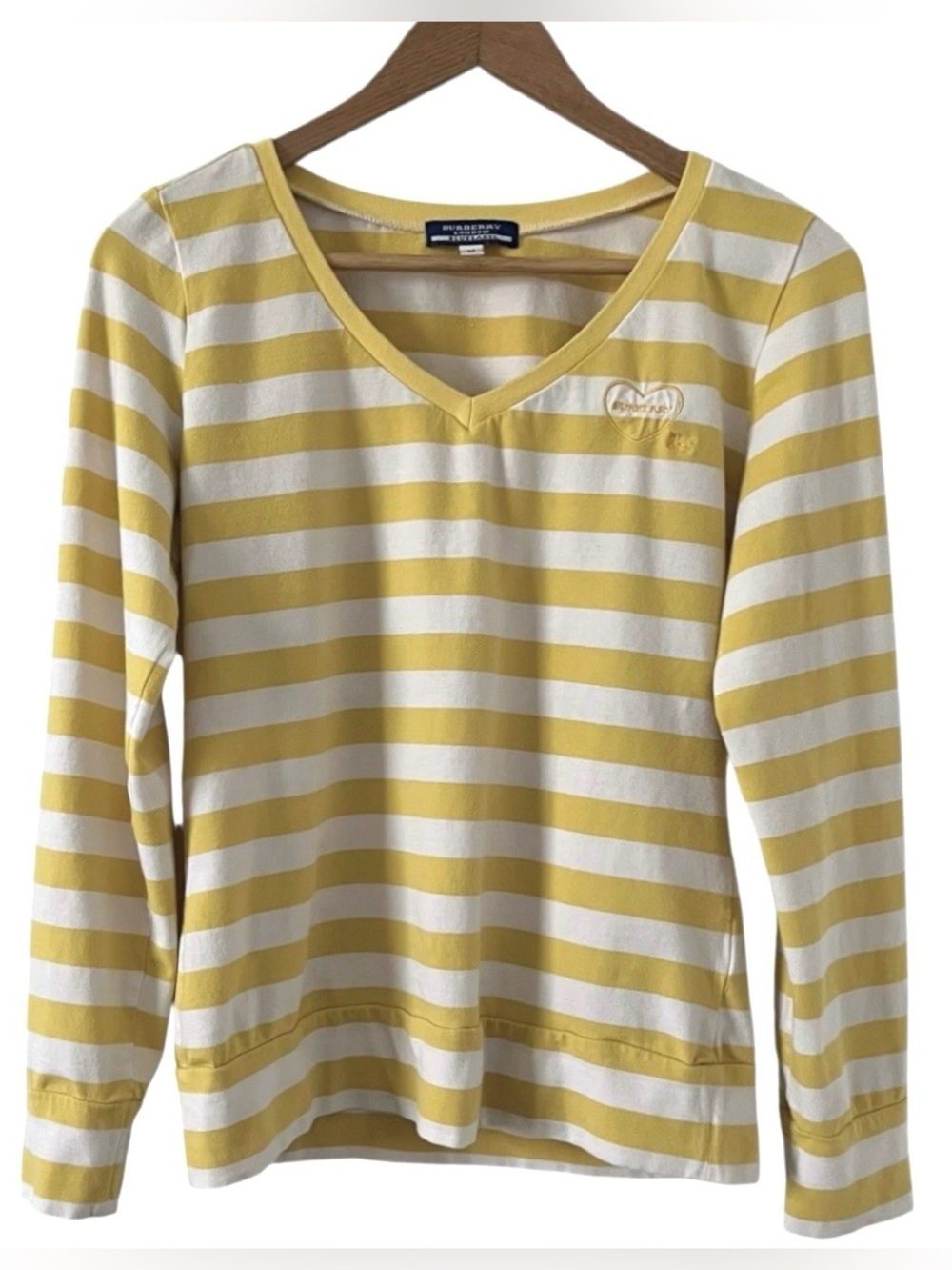 Burberry Y2K Long Sleeve Tee Yellow White Stripe Nautical Fitted Soft Stretch M